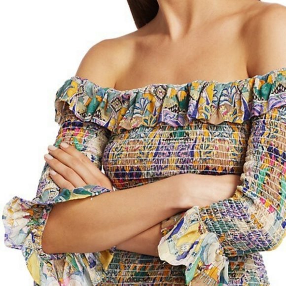 NWT CHUFY Inka Printed Off-the-Shoulder Smocked Midi Dress S/M - Picture 8 of 16